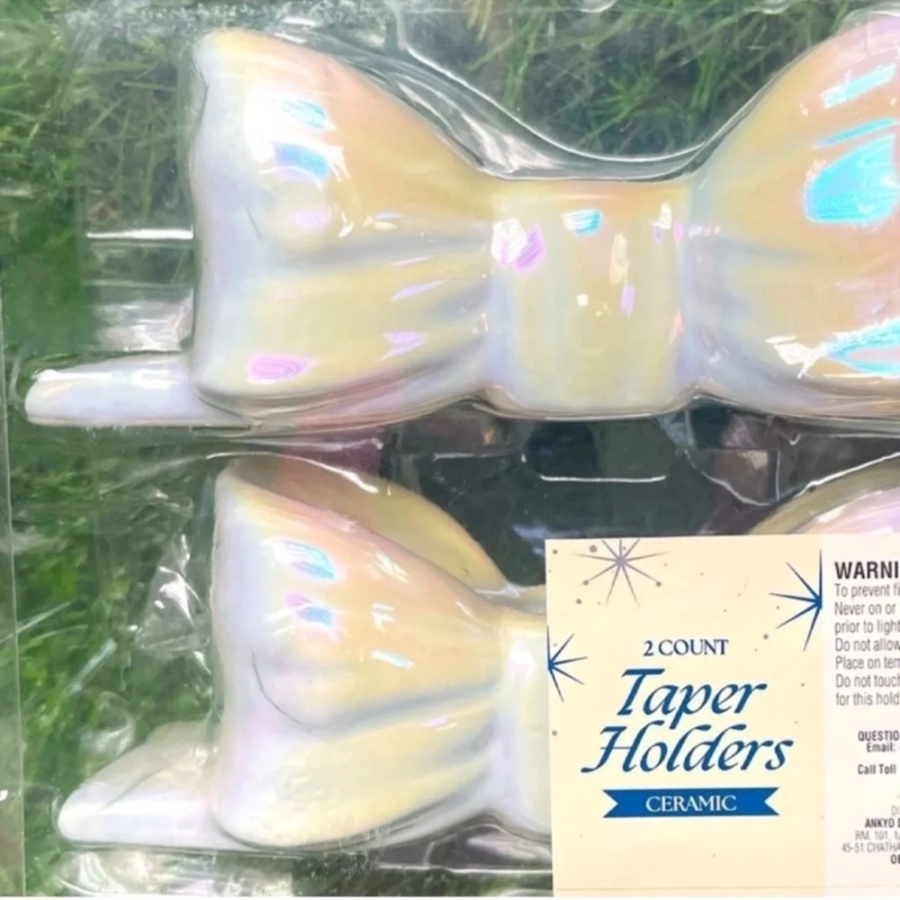 New! Set of 2 Bow Candle Taper Holders, Ceramic White Iridescent